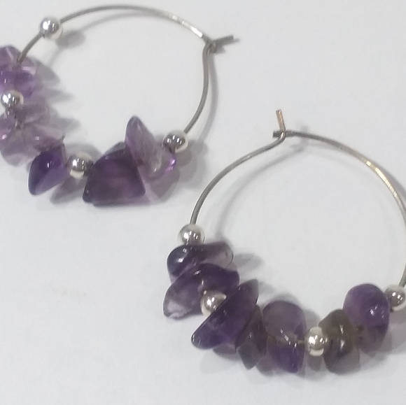 Amethyst Chip Hoop Earrings - Picture 2 of 4